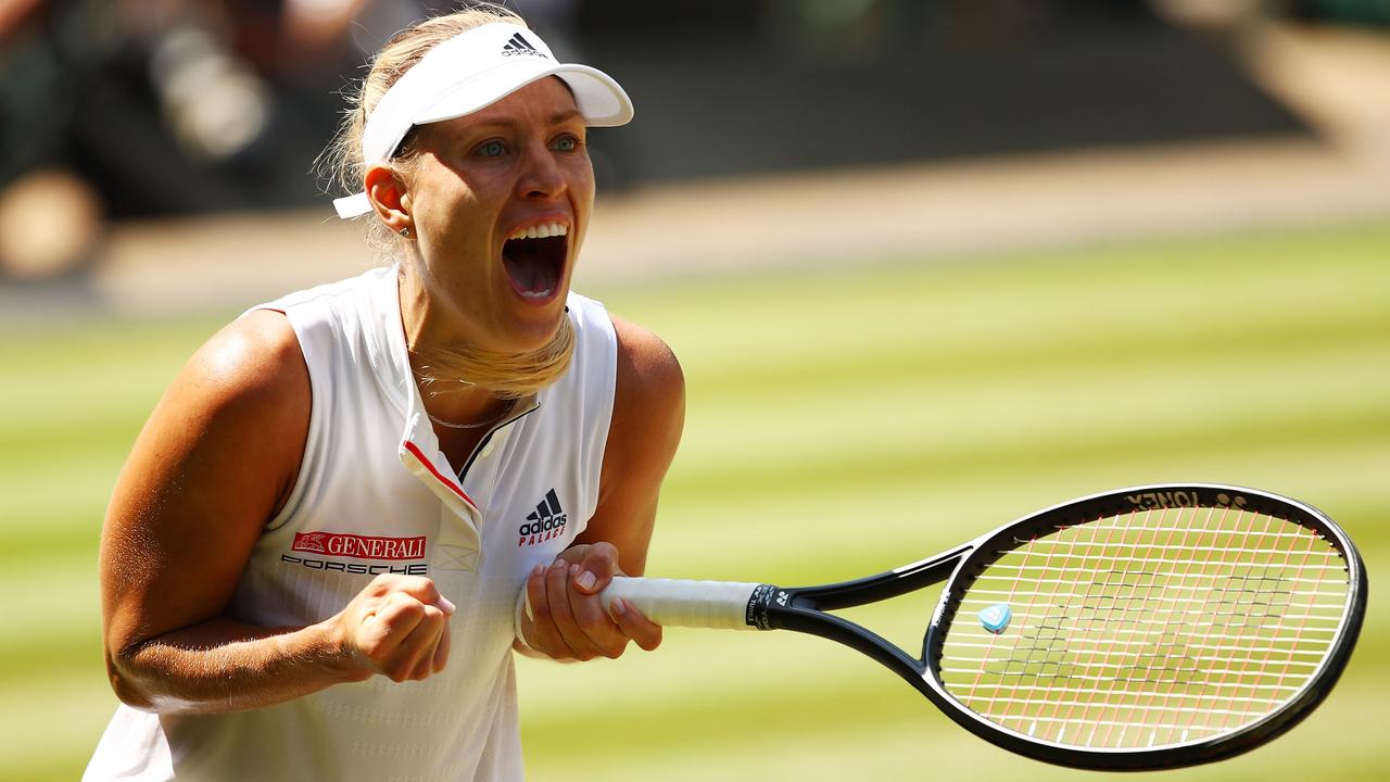 Angelique Kerber yells in delight after winnning against Jelena Ostapenko.