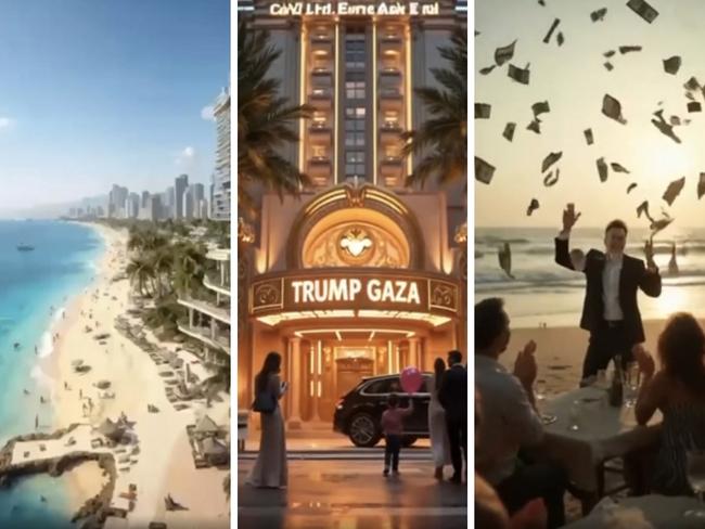 Stills from an AI-generated video depicting war-ravaged Gaza rebuilt into a seaside resort.