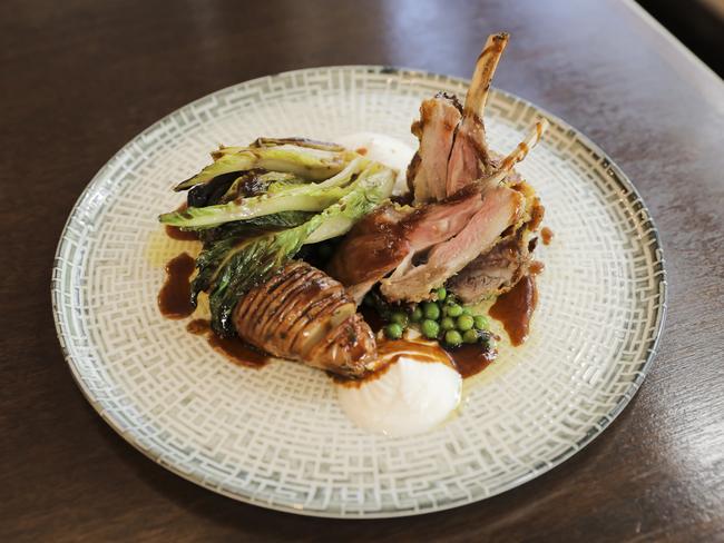 Perfectly pink: crumbed lamb cutlets with confit lamb shoulder. Picture: Mark Cranitch