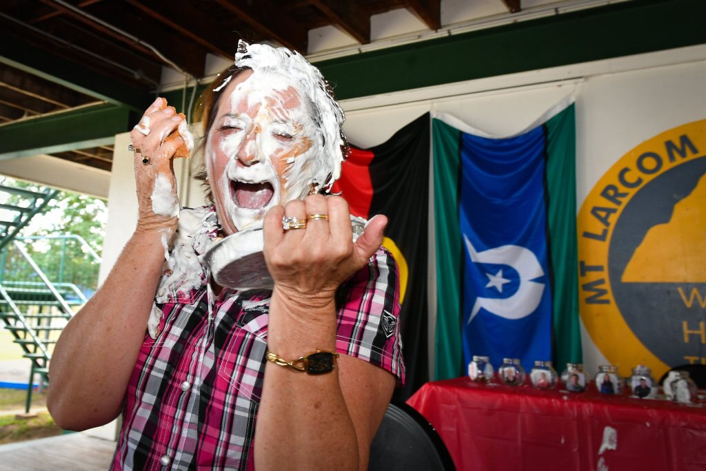 Principal Pauline PorchPIE IN THE FACE - Mt Larcom State School raises money for drought relief. Picture: Mike Richards GLA140918PIEF