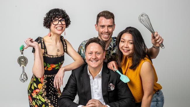 ** HOLD FOR SUNDAY 12TH, 2023 ** For Great Australian Bake Off finale on Foxtel/Binge. Judge Darren Purchese. Is joined by contestants Ilona Nicola, Adam Miller and Laura Foo. Picture: Jake Nowakowski