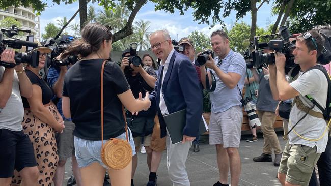 ALP leader Anthony Albanese, stopped to speak with Cairns resident Billi Lansky, 24, after the media conference in Fig Tree Park. Picture: Alison Paterson