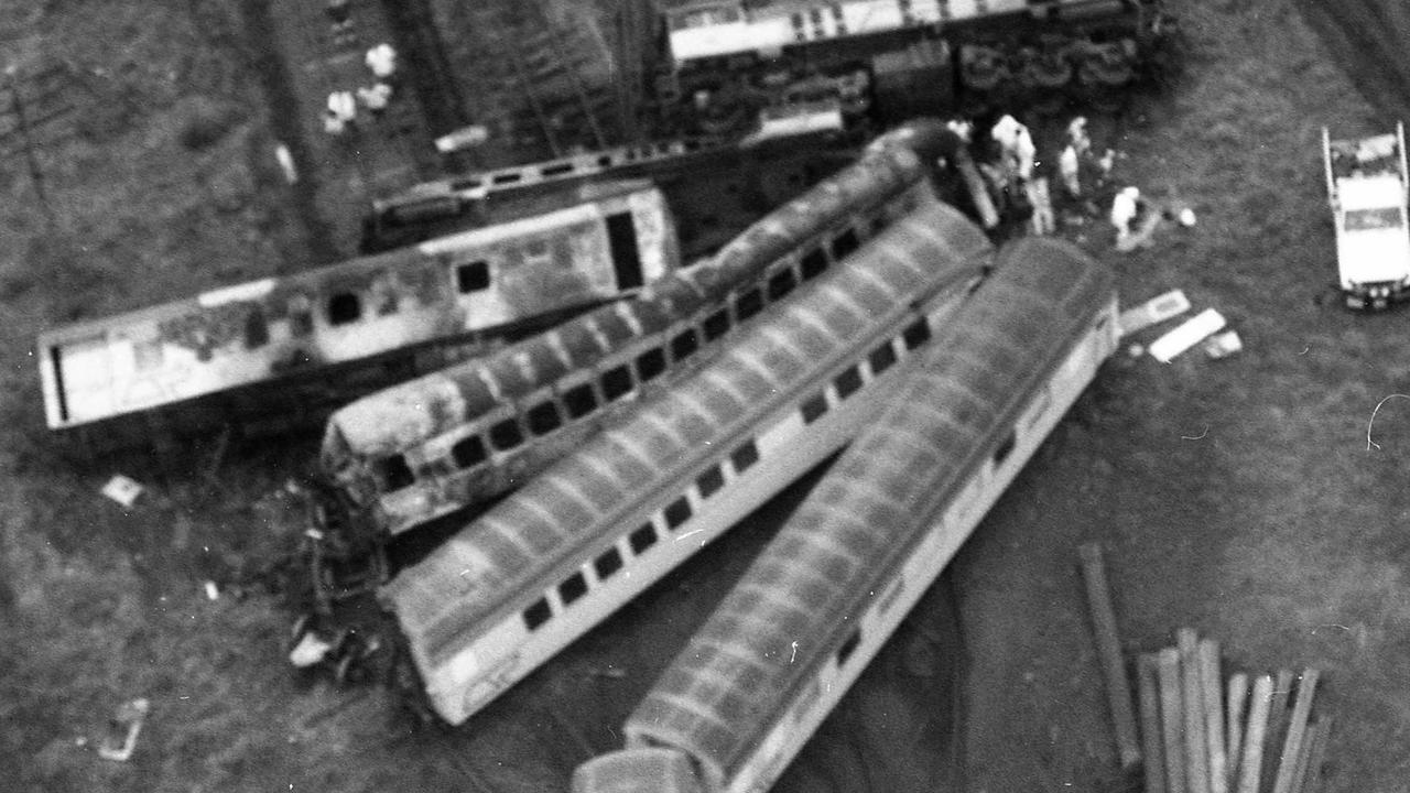 The wreckage of the Westlander lies where it came off the tracks near Roma Saturday November 7, 1987.