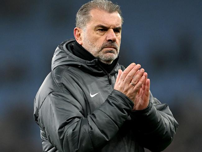 BIRMINGHAM, ENGLAND - FEBRUARY 09: Ange Postecoglou, Manager of Tottenham Hotspur, applauds the fans at the end of the Emirates FA Cup Fourth Round match between Aston Villa and Tottenham Hotspur at Villa Park on February 09, 2025 in Birmingham, England. (Photo by Shaun Botterill/Getty Images)