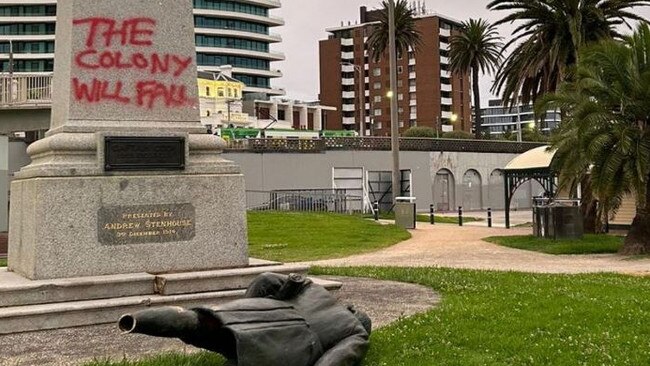 A Captain Cook statue has been cut down and defaced. Picture: Today