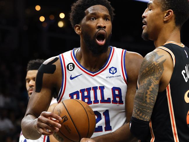 ATLANTA, GA - NOVEMBER 10: Joel Embiid #21 of the Philadelphia 76ers reacts after a foul is called during the second half against the Atlanta Hawks at State Farm Arena on November 10, 2022 in Atlanta, Georgia. NOTE TO USER: User expressly acknowledges and agrees that, by downloading and or using this photograph, User is consenting to the terms and conditions of the Getty Images License Agreement.   Todd Kirkland/Getty Images/AFP