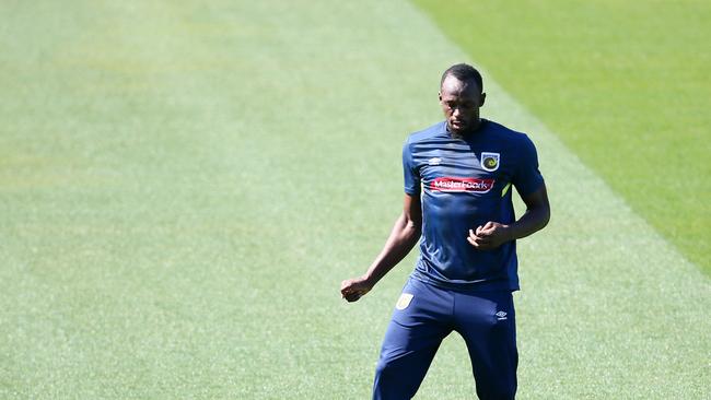 Usain Bolt at his first training session for the Central Coast Mariners. Picture: AAP