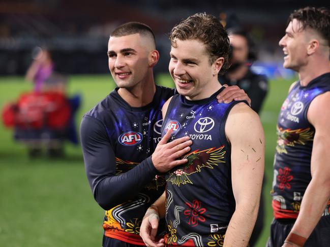 Josh Rachele and Zac Taylor celebrate their win over St Kilda. Picture: James Elsby/AFL Photos via Getty Images.