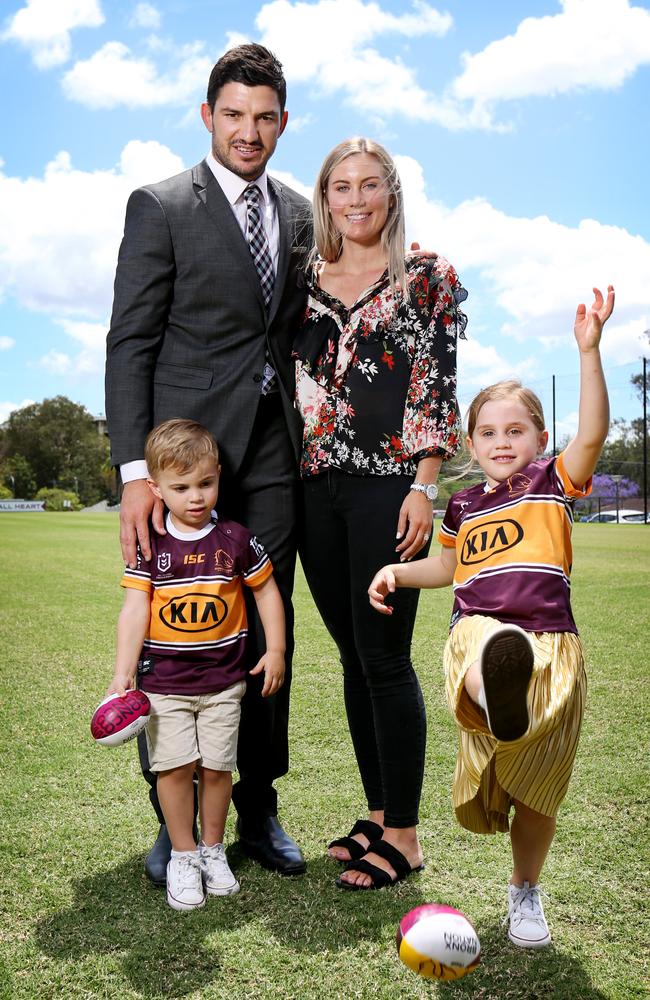 Matt Gillett with wife Skye and kids Hunter and Harper. Picture: Steve Pohlner