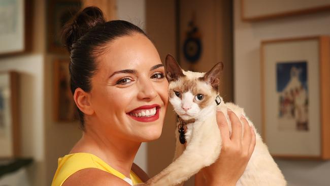 Show some love to your pets for Valentine's Day. Actress Olympia Valance with one of her two cats Jerry the Devon Rex.                     Picture: David Caird