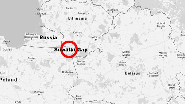 The vulnerable Suwalki Gap, an isolated NATO land bridge between Russia and Moscow aligned Belarus