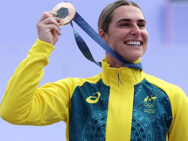 PARIS, FRANCE - JULY 31: Bronze medalist Natalya Diehm of Team Australia poses on the podium during the BMX Freestyle Women's Park Final on day five of the Olympic Games Paris 2024 at Place de la Concorde on July 31, 2024 in Paris, France. (Photo by Alex Broadway/Getty Images)