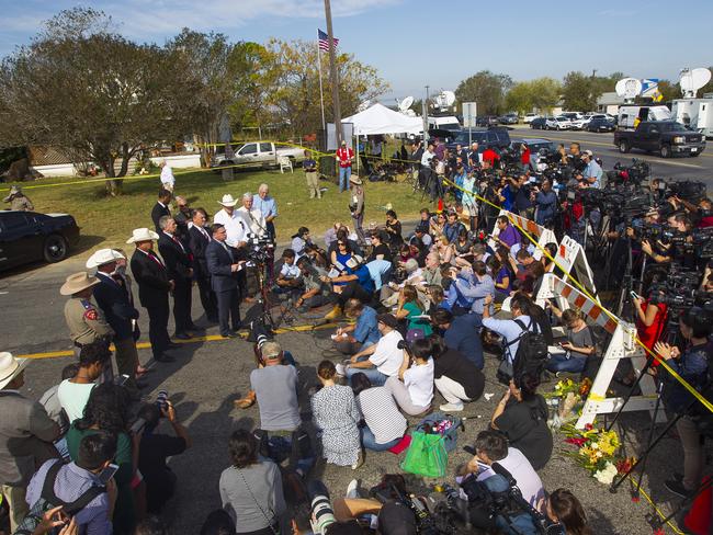 A news conference is held down the street from the First Baptist Church. Picture: Mark Mulligan/Houston Chronicle via AP