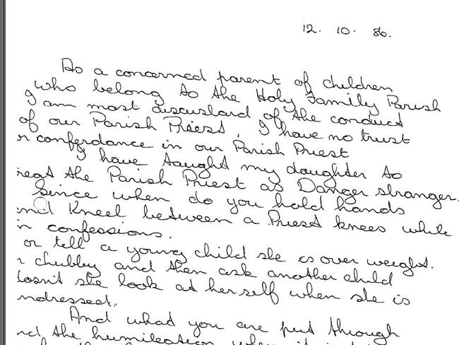 This parent said she had taught her daughter to treat Father Searson as “Danger stranger” and asked what priest made children kneel between his legs and ask them about undressing. Picture: Royal Commission.