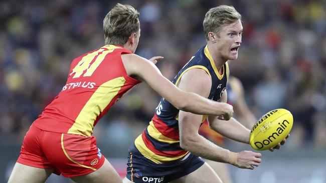 AFL — Adelaide Crows v Gold Coast Suns at Adelaide Oval. Alex Keath and Jack Lukosius. Picture SARAH REED