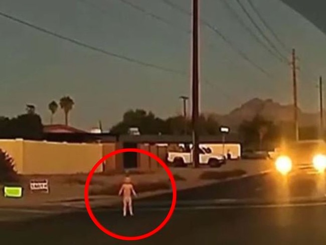 A toddler wandered onto a busy road in Arizona and was narrowly missed by passing cars. Picture: Arizona Family