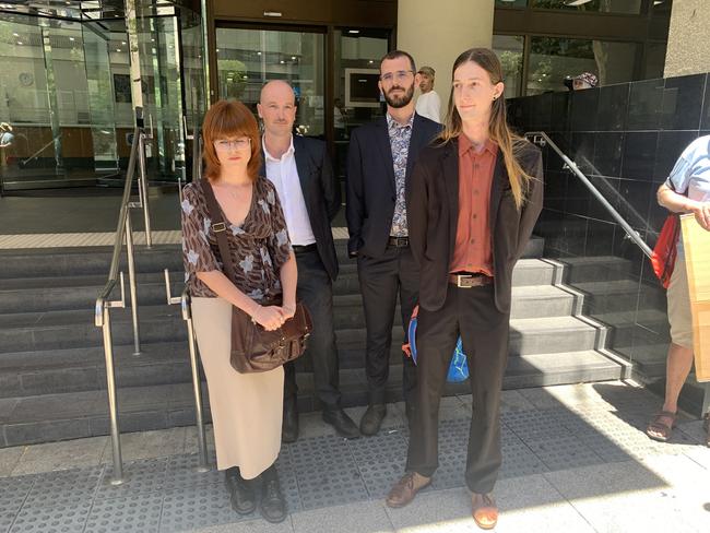 Disrupt Burrup activists (L-R) Matilda Lane-Rose, Jesse Noakes, Gerard Mazza and Emil Davey attend Perth Magistrates Court on Tuesday 4th February, 2025 for an attempted protest outside Woodside chief executive Meg O'Neill's home in 2023. Picture: Paul Garvey