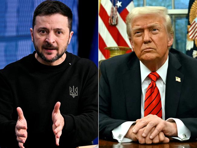 (COMBO) This combination of pictures created on February 19, 2025 shows, L-R, Ukraine's President Volodymyr Zelensky  in Brussels on December 19, 2024 and US President Donald Trump in Washington, DC, on February 10, 2025. US President Donald Trump called Ukrainian leader Volodymyr Zelensky a "dictator without elections" on February 19, 2025, stepping up his attacks as tensions soar between Kyiv and Washington. (Photo by JOHN THYS and ANDREW CABALLERO-REYNOLDS / AFP)