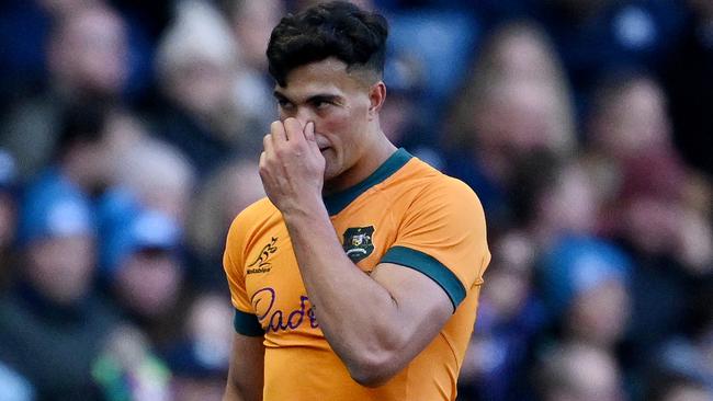 EDINBURGH, SCOTLAND - NOVEMBER 24: Joseph-Aukuso Suaalii of Australia reacts as he leaves the field following medical treatment after picking up an injury during the Autumn Nations Series 2024 match between Scotland and Australia at Scottish Gas Murrayfield on November 24, 2024 in Edinburgh, Scotland. (Photo by Stu Forster/Getty Images)