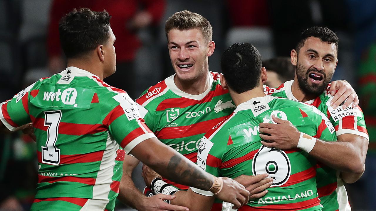 Alex Johnston celebrates his try for the Rabbitohs.