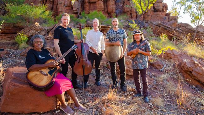 Members of the Tura New Music 'Sonus2' touring party photographed near the Waringarri Aboriginal Arts and Culture Centre in Kununurra, WA on Sunday, August 23 2020. L-R: Kankawa Nagarra (Olive Knight), Tristen Parr, Tos Mahoney, Esfandiar Shahmir and Stephen Pigram. Picture: Sarah Duguid