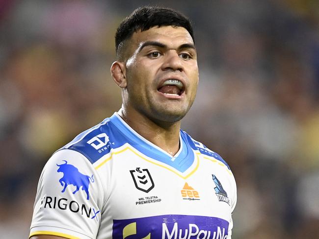 TOWNSVILLE, AUSTRALIA - APRIL 23:  David Fifita of the Titans gestures during the round seven NRL match between the North Queensland Cowboys and the Gold Coast Titans at Qld Country Bank Stadium, on April 23, 2022, in Townsville, Australia. (Photo by Ian Hitchcock/Getty Images)