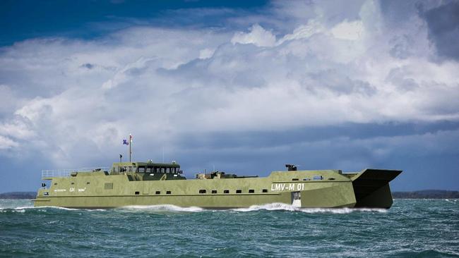 The concept image of Birdon's Australian Army pitched Littoral Manoeuvre Vessel – Medium (LMV-M) designed to plug a critical capability gap for long-range open water deployment of troops and combat vehicles. Picture: Supplied