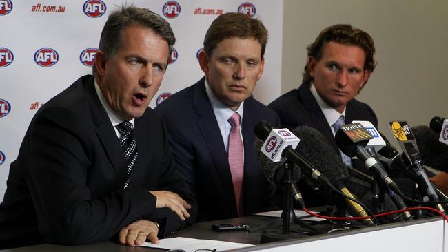 Former Essendon CEO Ian Robson, chairman David Evans and coach James Hird