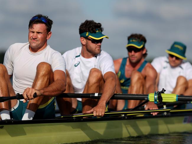 PARIS, FRANCE - JULY 22: Men's Four- Timothy Masters, Fergus Hamilton, Jack Robertson and Alex Hill of Team Australia take to the water ahead of the Rowing at Vaires-Sur-Marne Nautical Stadium on July 22, 2024 in Paris, France. (Photo by Alex Davidson/Getty Images)