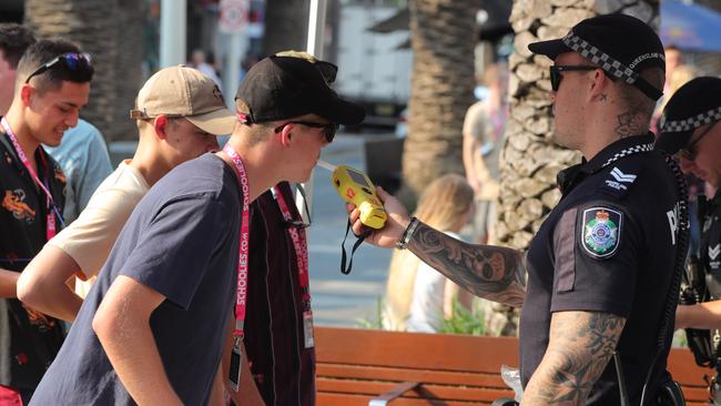 Schoolies Day Four: Schoolies are voluntarily breath-tested by police. Picture: Glenn Hampson