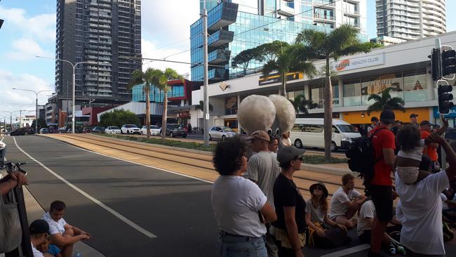 Traffic gridlock as Stolenwealth Games protesters block Scarborough Street outside Australia Fair. Picture: Brianna Morris-Grant