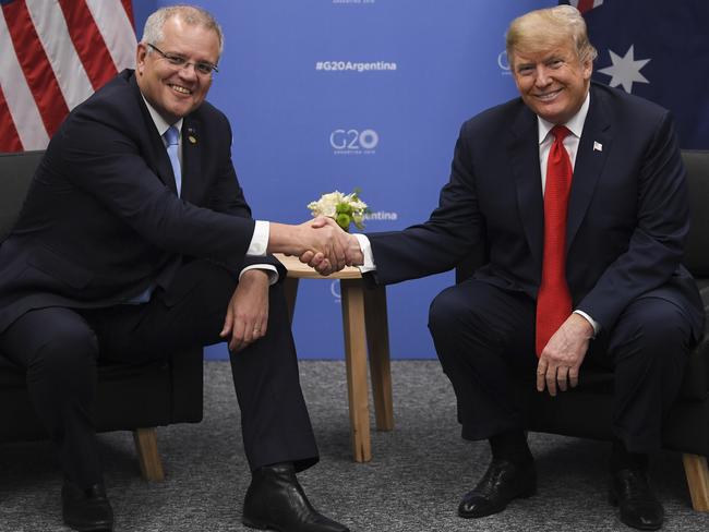 Australian Prime Minister Scott Morrison shakes hands with US President Donald Trump at the 2018 G20 Summit. Picture: AAP