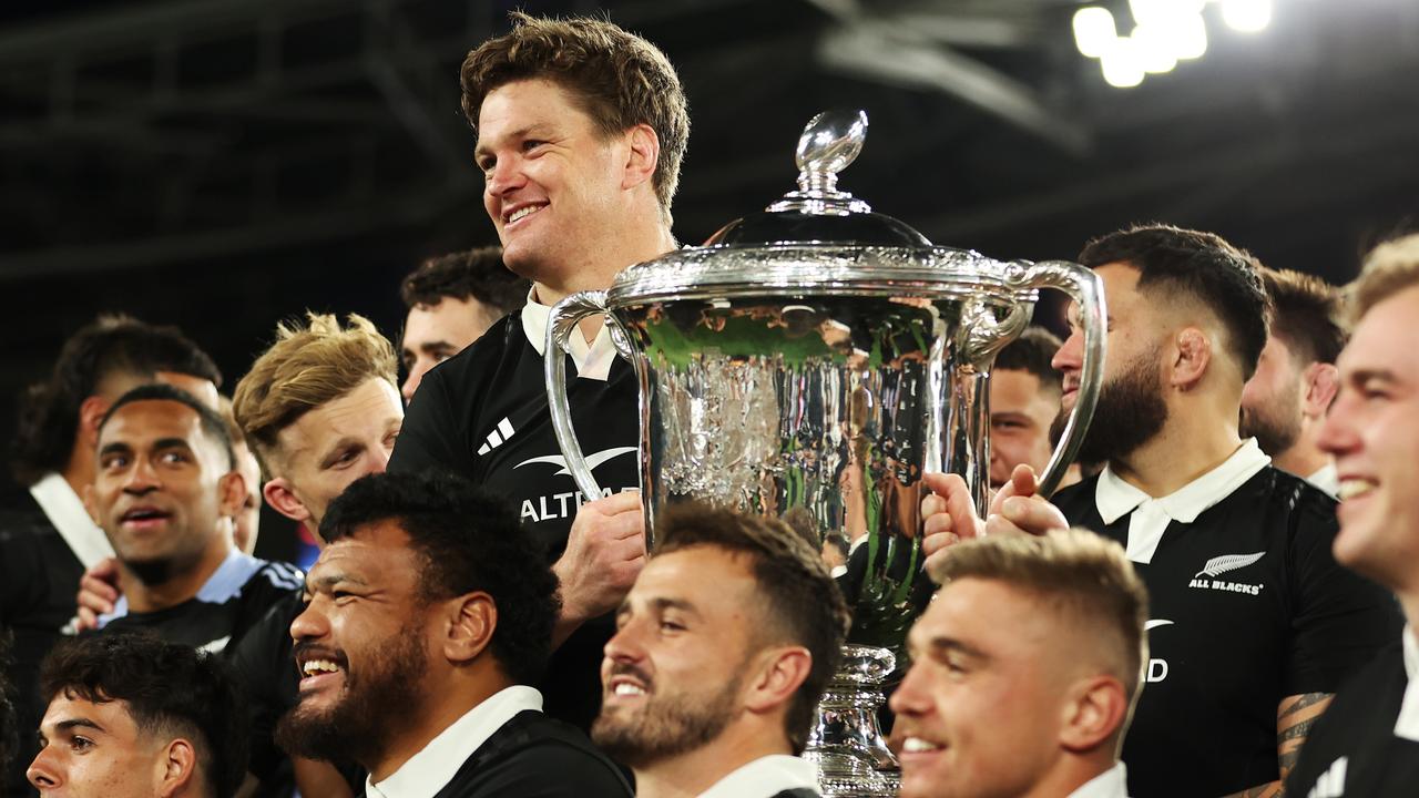 Scott Barrett and the All Blacks have a firm grip on the Bledisloe Cup. Picture: Mark Metcalfe/Getty Images