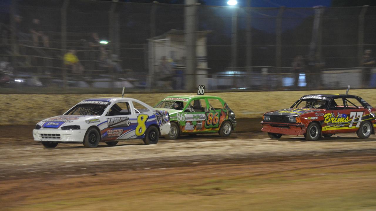 Junior Sedan drivers Mason Pammenter, Dane Andersson and Hayden Brims race at the Kingaroy Speedway on Saturday, November 16. (Photo: Jessica McGrath/ South Burnett Times)