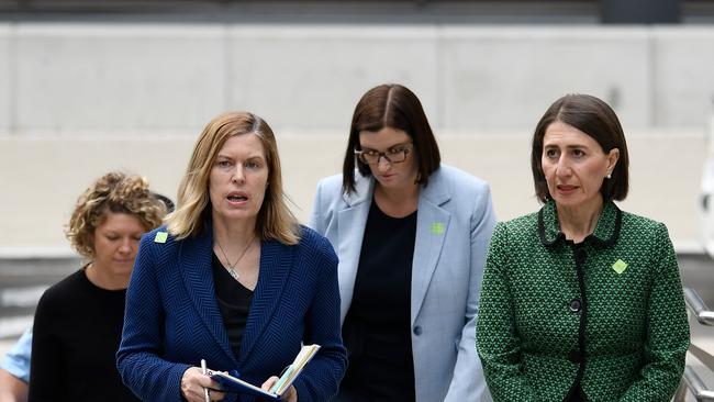 NSW Chief Health Officer Dr Kerry Chan, NSW Minister Education Sarah Mitchell and NSW Premier Gladys Berejiklian arrive for a press conference in Sydney Picture: AAP Image/Bianca De Marchi