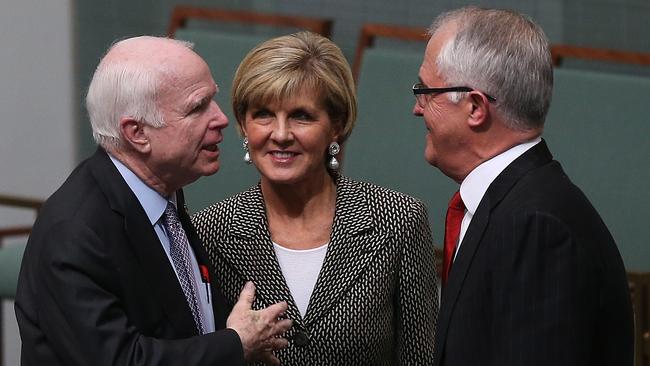 John McCain with Prime Minister Malcolm Turnbull and Foreign Affairs Minister Bronwyn Bishop at Parliament House in Canberra. Picture Kym Smith