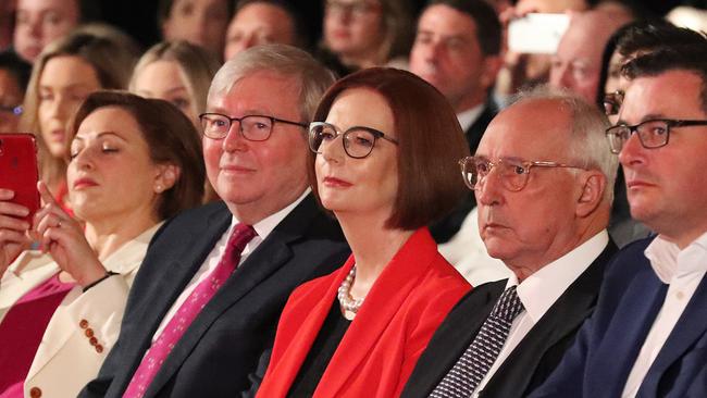 Former Prime Ministers Kevin Rudd, Julia Gillard and Paul Keating with Daniel Andrews at the ALP campaign launch. Picture: Liam Kidston