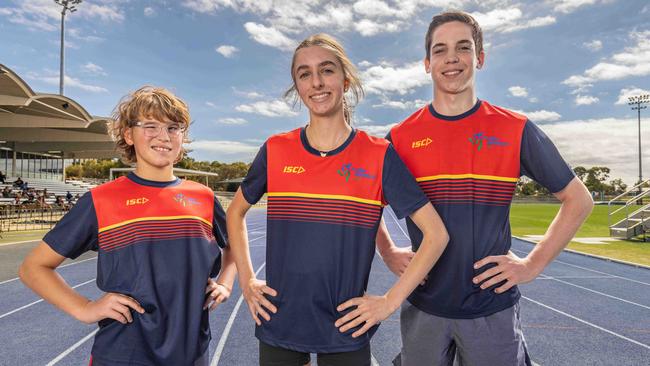 SA Little Athletes star Luke Ramsey right with Lillia Giannakis and Spencer de Lacy. Picture: Ben Clark