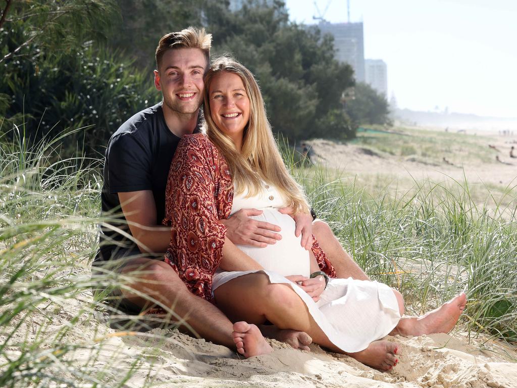 David Pulford with pregnant partner Abby Meyer on the Sunshine Coast. Picture: Liam Kidston