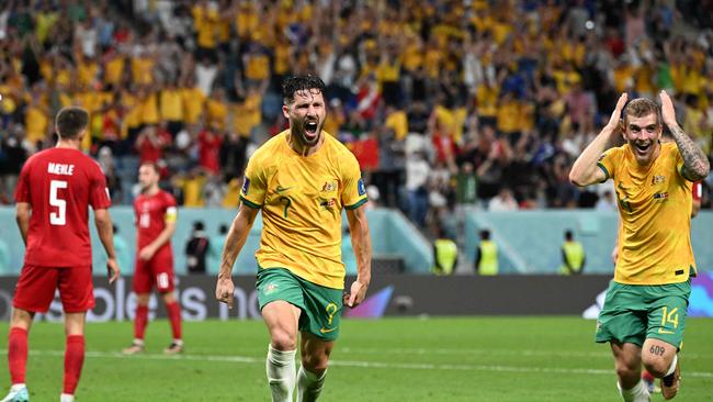 Australia's forward Mathew Leckie (C) celebrates scoring his team's first goal during the Qatar 2022 World Cup Group D football match between Australia and Denmark. Picture: Chandan Khanna/AFP