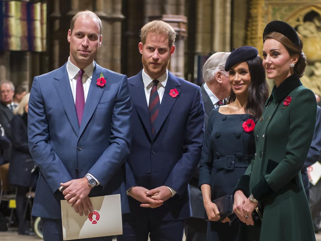 Prince William, Prince Harry, Meghan Markle, and Princess Catherine during happier days in 2018. Picture: Getty Images