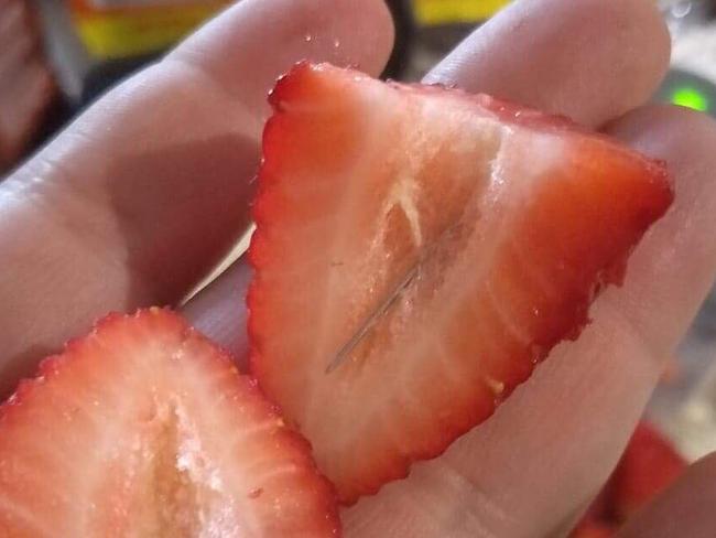 The strawberry that was bought from Adelaide Fresh Fruiterers shop at Main South Road, Morphett Vale and cut open by the mother of a toddler boy. Police are investigating. Picture: Nine News