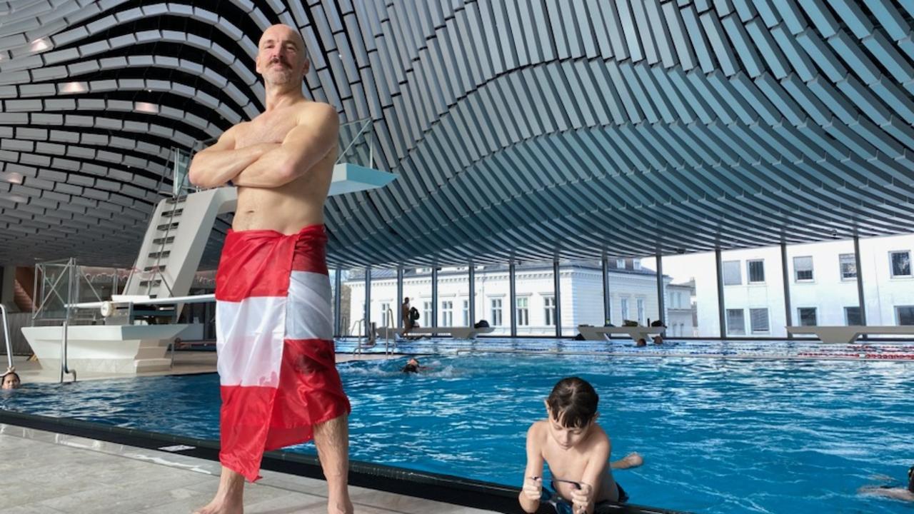 Kenton Webb at one of the most spectacular pools he's visited in Salzburg, Austria. Picture: Supplied