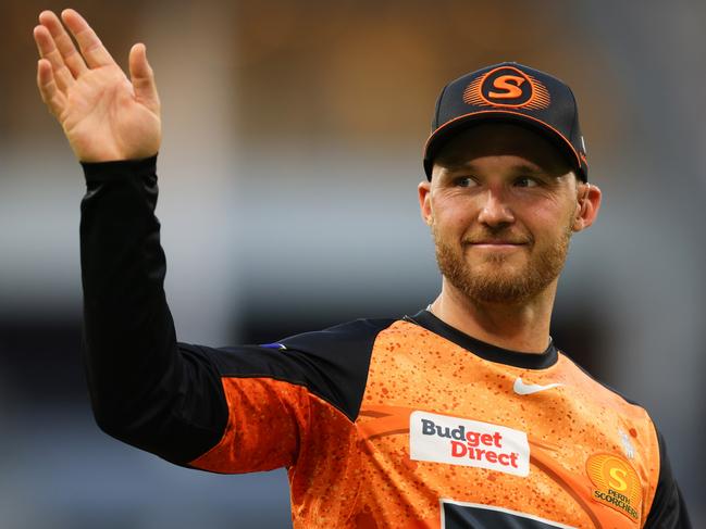 PERTH, AUSTRALIA - JANUARY 16: Laurie Evans of the Scorchers waves to the crowd during the BBL match between Perth Scorchers and Sydney Sixers at Optus Stadium, on January 16, 2024, in Perth, Australia. (Photo by James Worsfold/Getty Images)