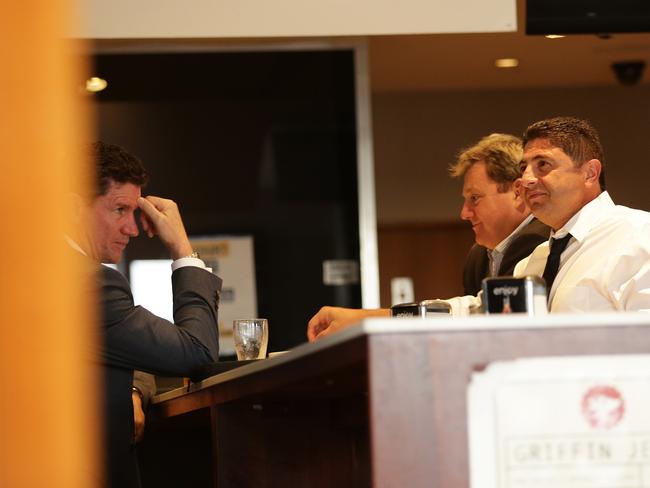 Damien Keogh of Cronulla, Laurence Lancini North QLD, Ray Dib of the Bulldogs and Bart Campbell of Melbourne Storm after storming out of an NRL meeting at League Central. Picture: Brett Costello