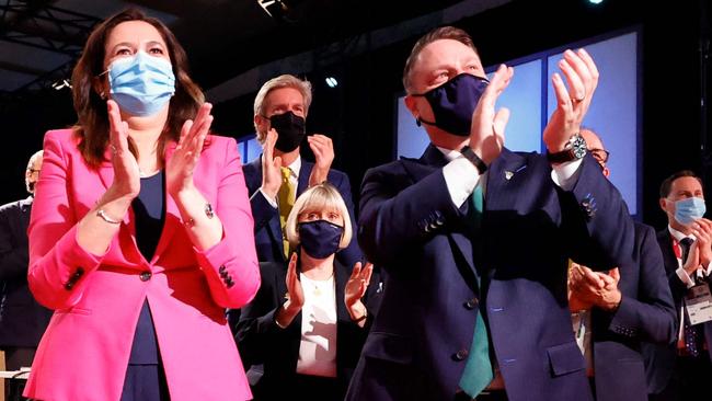 Queensland Premier Annastacia Palaszczuk and Brisbane mayor Adrian Schrinner celebrate after Brisbane was announced as the 2032 Summer Olympics host city in July 2021. Picture: AFP