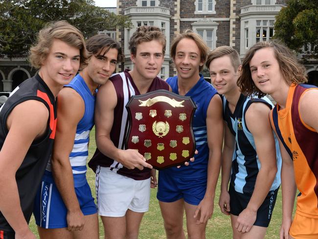 captains from six competing schools in Messenger Shield football competition. Josh Richards Rostrevor College, Thomas Matsouliadis St Peters, Josh Smithson Prince Alfred College, Alex Martini Sacred Heart College, Mark Yeatman Emanuel College, Cooper Gaffery St Michaels college at Prince Alfred College. Picture Campbell Brodie.