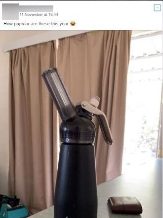 There was at least one post on a Schoolies Facebook group where nangs were seemingly being discussed. Pictured is a cream dispenser, commonly used to release the gas from the canisters.