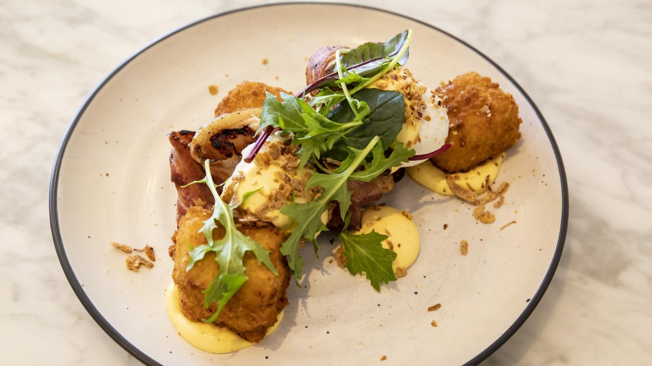 Mac and cheese Benedict.at Goodness Gracious, Graceville Dish: Picture: Mark Cranitch.