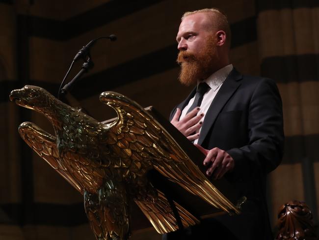 Connie' husband Mike talks at the Connie Johnson Memorial at St Pauls Cathederal in Melbourne. Picture: David Crosling